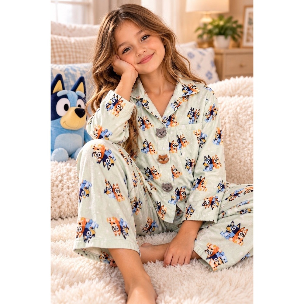 Bluey Bingo Girls Pajama Set Button Up Shirt Pants Green Cat Buttons